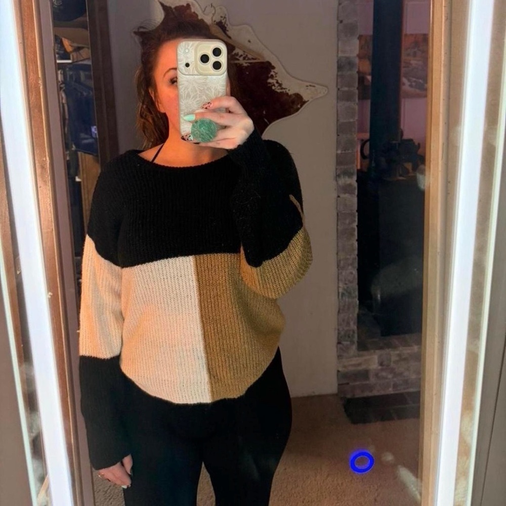 Colorblock Crewneck Sweater - Black, Cream & Tan